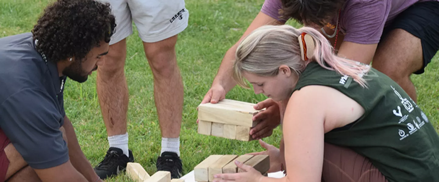 Campers using building blocks