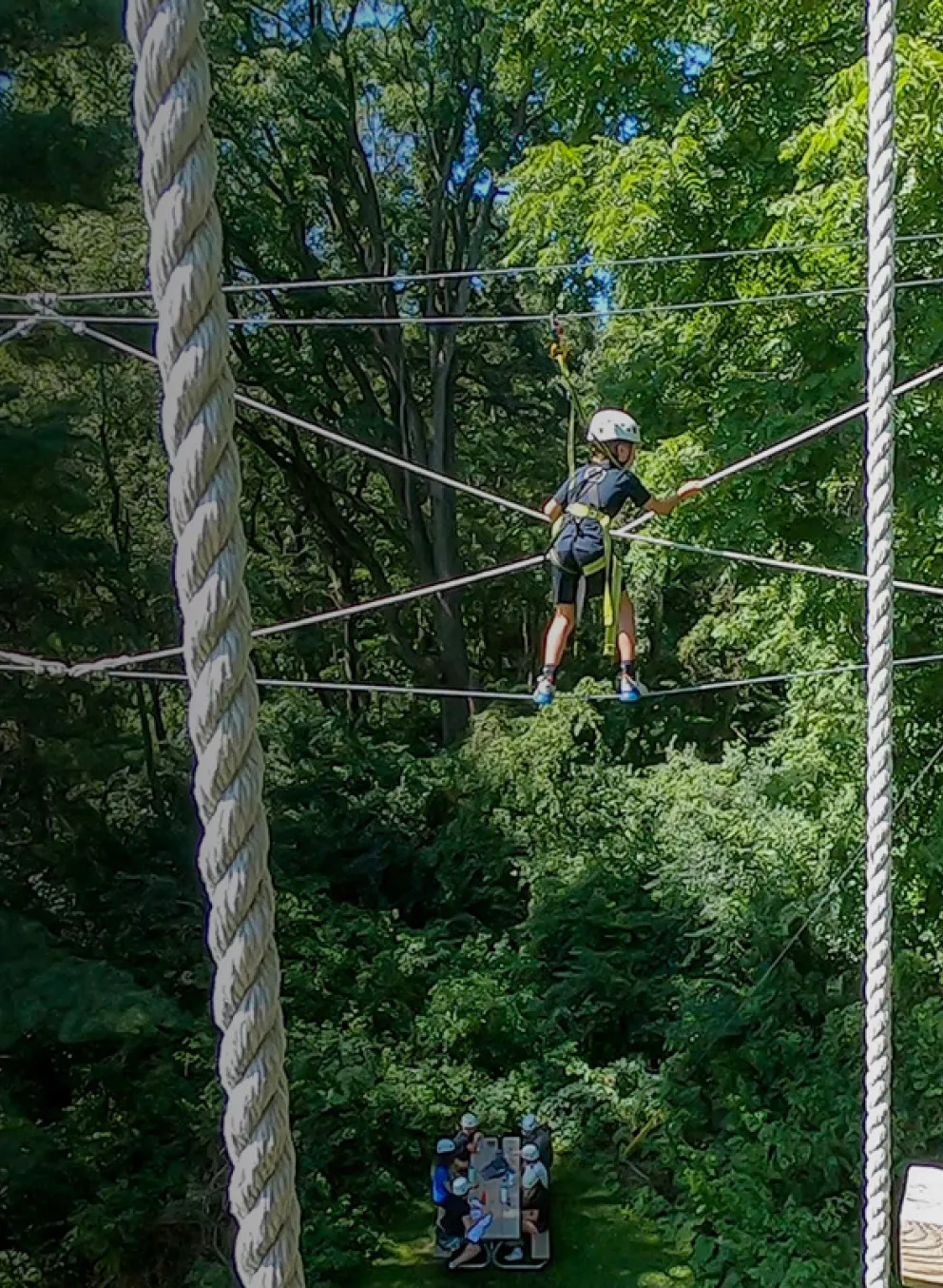 Camper on high ropes course