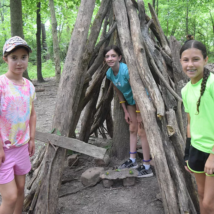 Campers with structure made of tree trunks