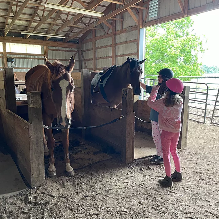 ranch campers with horses in the barn